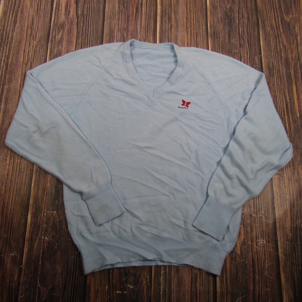 Kapalua V-Neck Sweater Women L Blue Vintage Orlon Acrylic Knit Butterfly Logo
